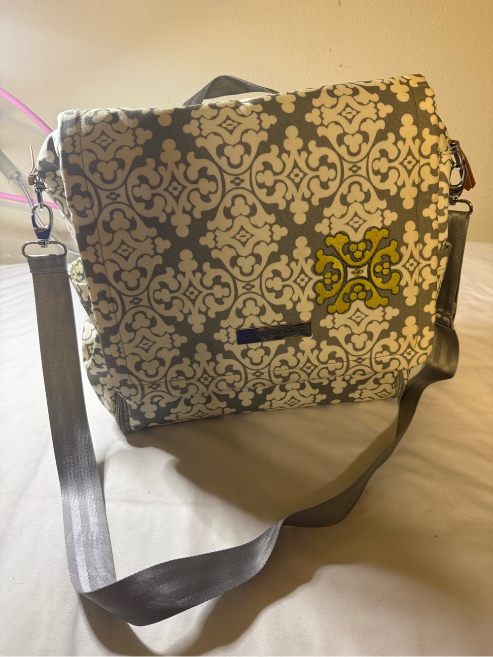 Petunia Pickle Bottom Gray and White Patterned messenger Diaper Bag